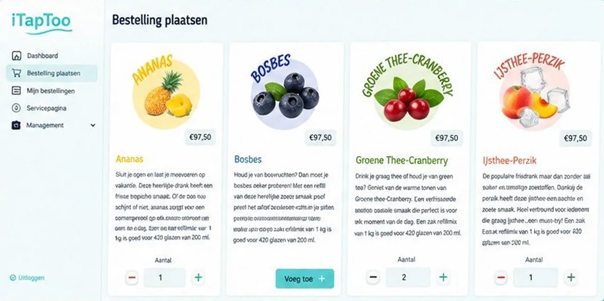 De bestelpagina van het iTapToo-platform met smaken, prijzen en aantallen