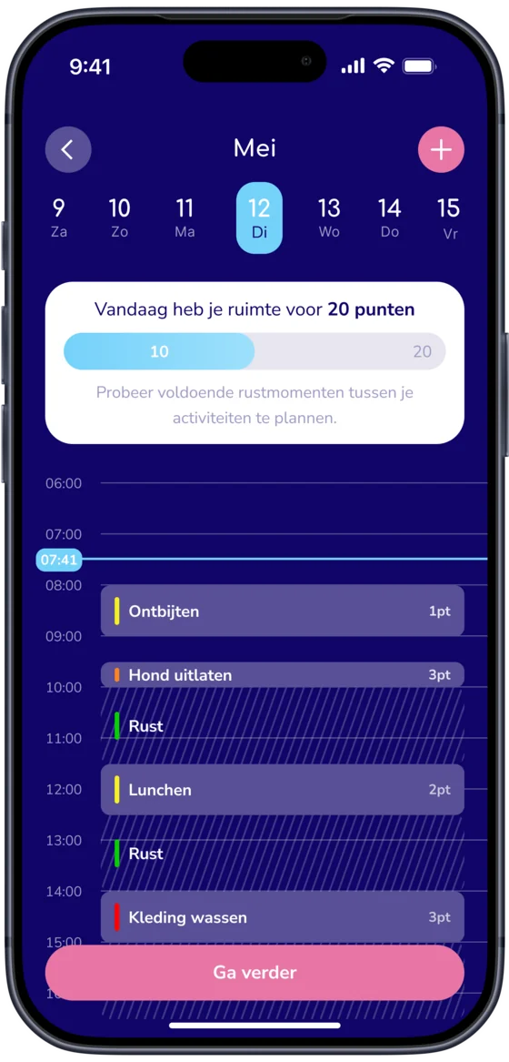 De agenda in de Vaelio-app met activiteiten en rustmomenten