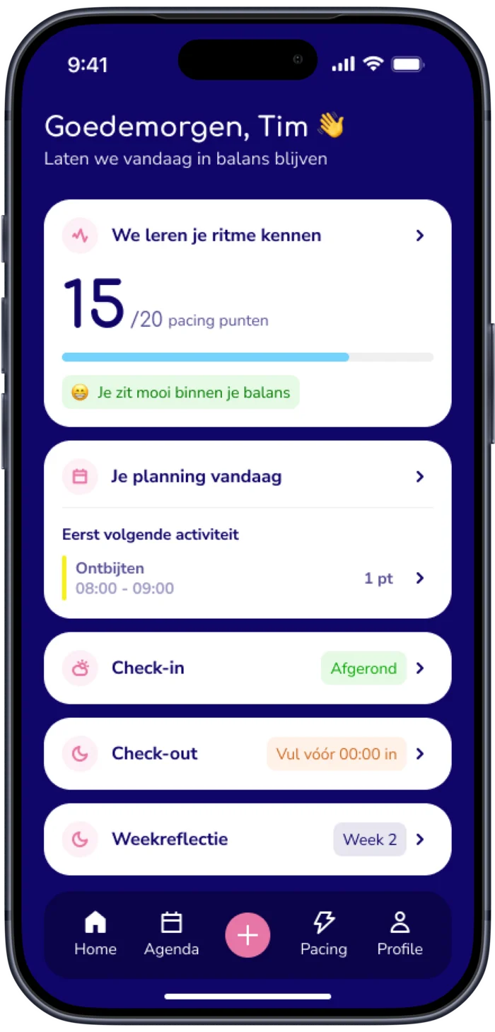 Het startscherm van de Vaelio-app met pacingpunten en de planning van vandaag