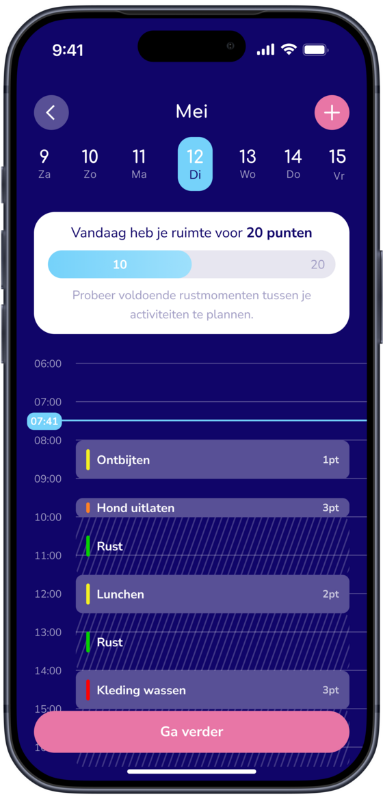 De Vaelio-app met een dagplanning en pacingpunten